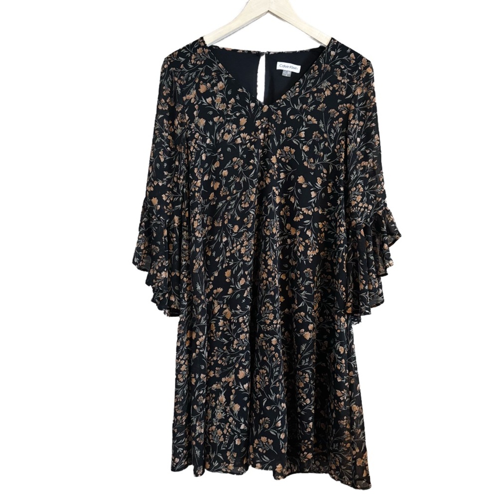 Calvin Klein 3/4 Sleeve V-Neck Floral Dress Above Knee Length Women’s Size 8